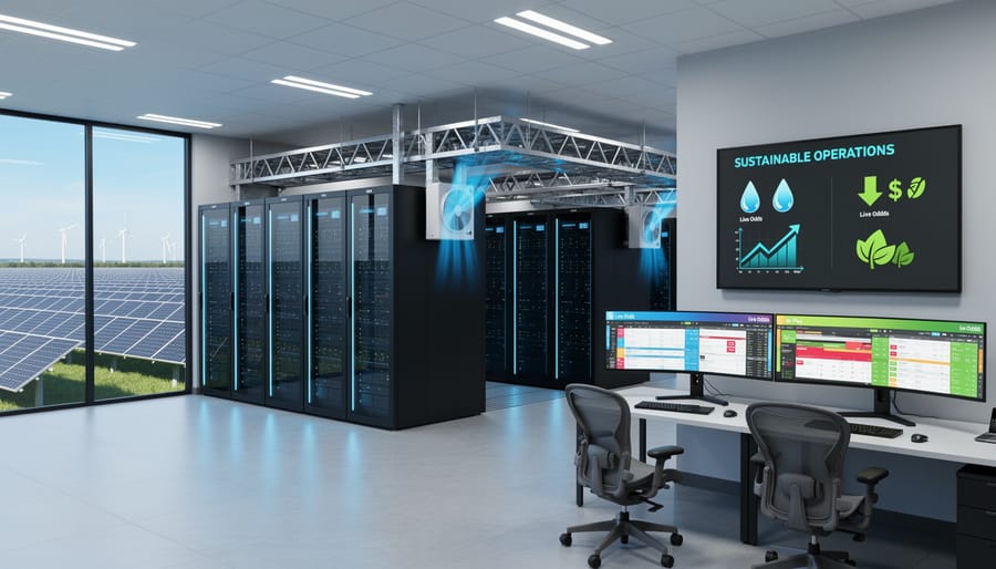 Data center technician inspecting cooling equipment in solar-powered facility