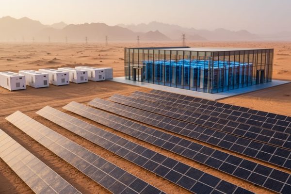 Aerial 45-degree view of a large solar farm feeding a modern glass-fronted data center with battery storage containers in an arid Omani landscape at golden hour.