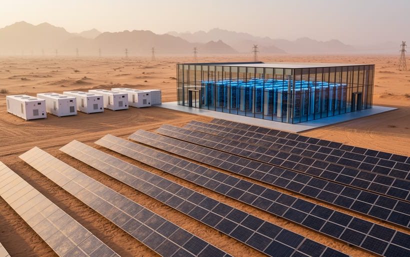 Aerial 45-degree view of a large solar farm feeding a modern glass-fronted data center with battery storage containers in an arid Omani landscape at golden hour.
