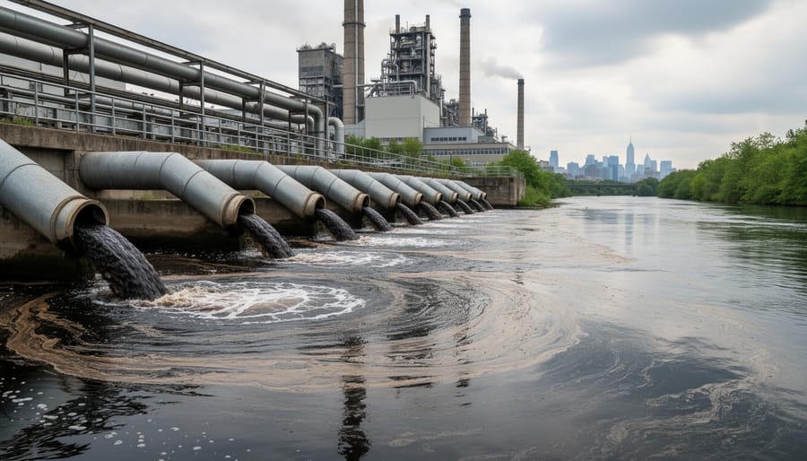 Industrial wastewater discharge flowing from pipe at manufacturing facility