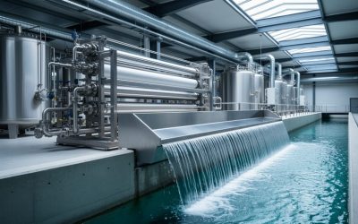 Stainless-steel membrane filtration system with clear water cascading over a polished weir into a channel, with blurred tanks and piping in the background under soft daylight.