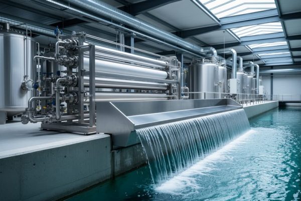 Stainless-steel membrane filtration system with clear water cascading over a polished weir into a channel, with blurred tanks and piping in the background under soft daylight.