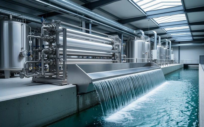 Stainless-steel membrane filtration system with clear water cascading over a polished weir into a channel, with blurred tanks and piping in the background under soft daylight.