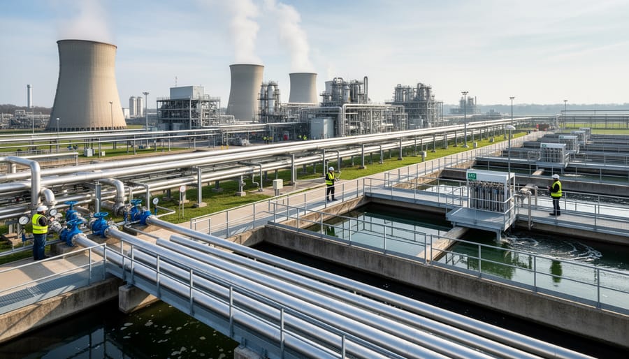 Cooling tower and industrial water piping infrastructure at an industrial facility with water mist.