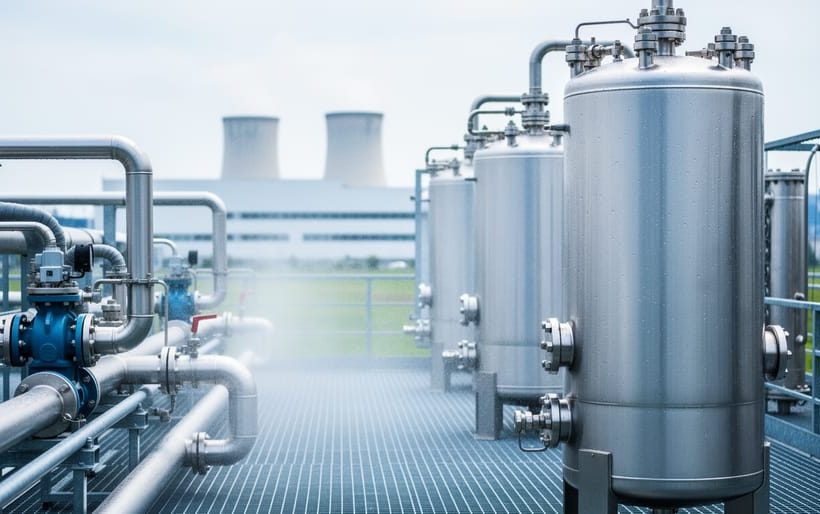 “Stainless-steel water recycling tanks and membrane modules in an industrial facility with clean pipes under bright overcast light.”