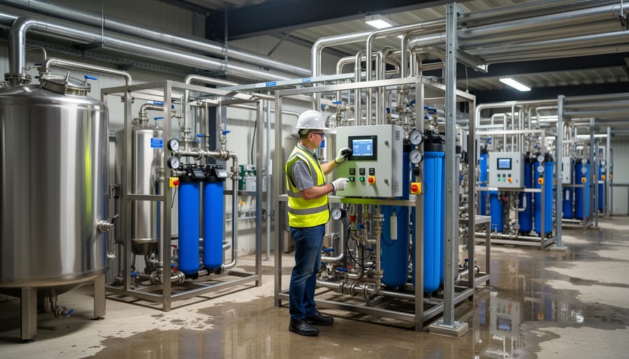 Industrial worker in safety gear standing next to stainless-steel water treatment equipment.