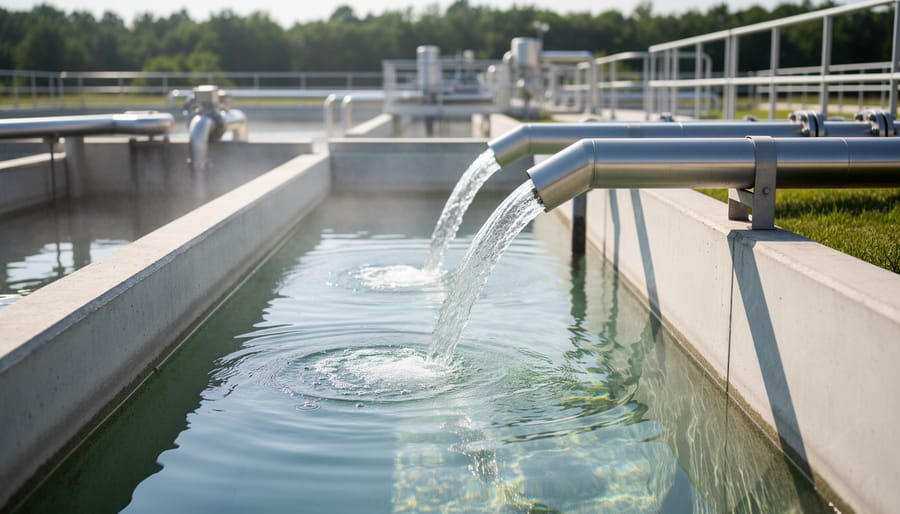 Clear treated water flowing in industrial wastewater treatment system