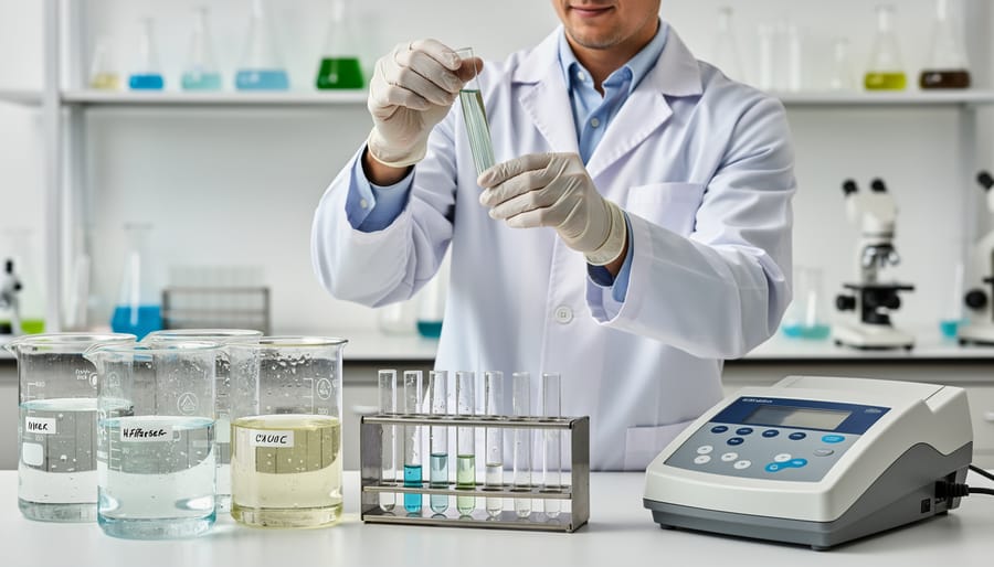 Technician holding industrial wastewater sample bottle for laboratory testing