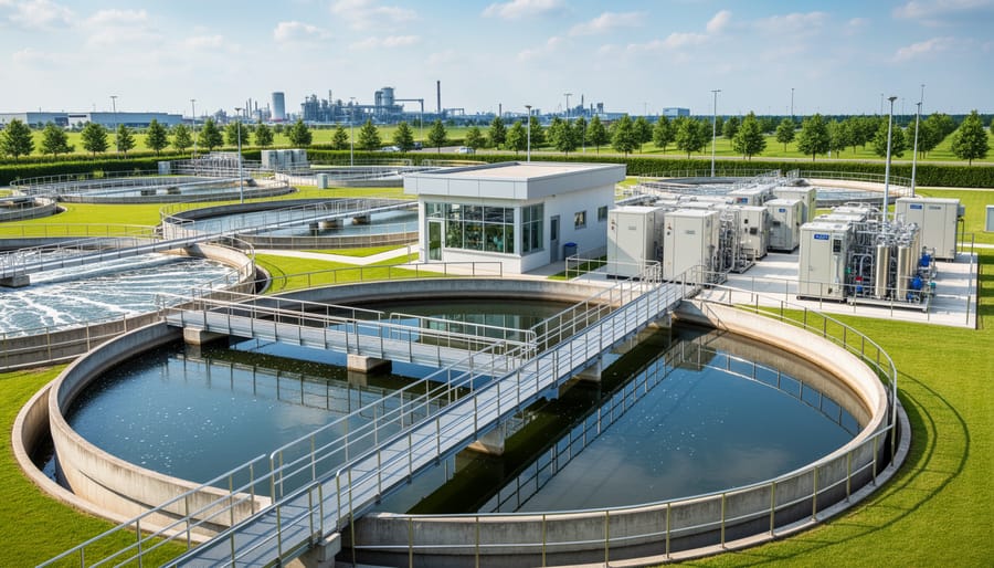 Aerial view of industrial wastewater treatment facility with clarifier tanks and bioreactors