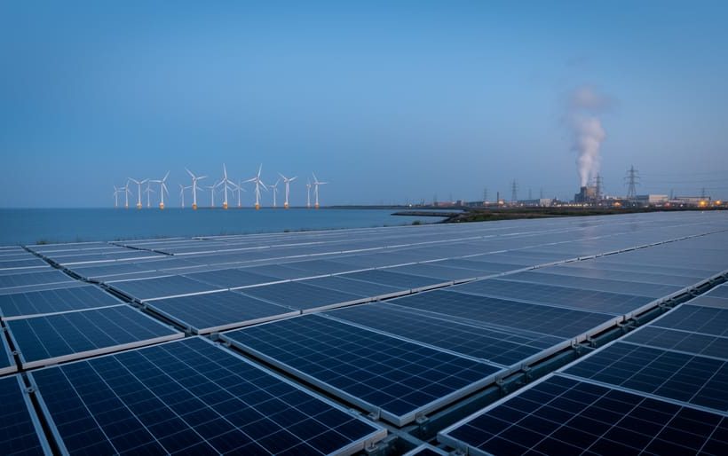 Wide view of a modern industrial facility with solar panels in the foreground, offshore wind turbines in the distance, and a faint geothermal steam plume rising behind.