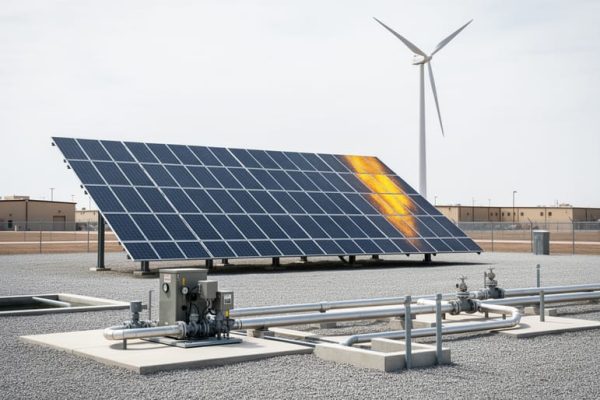 “Solar panels, a wind turbine, and nearby water treatment equipment at a military installation under an overcast sky.”