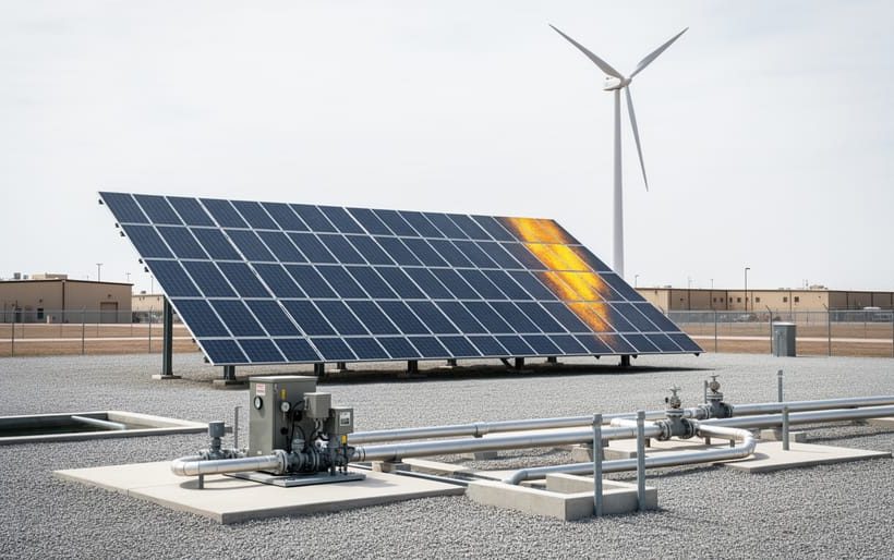 “Solar panels, a wind turbine, and nearby water treatment equipment at a military installation under an overcast sky.”