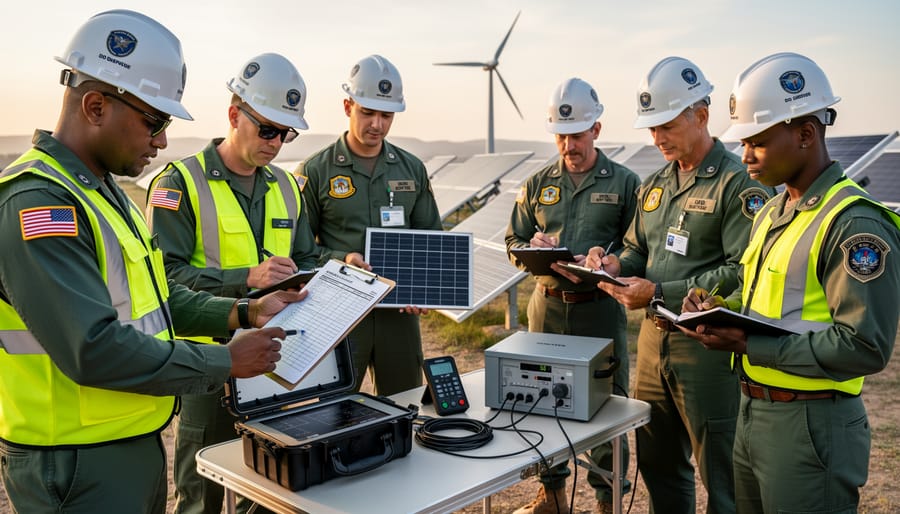 Engineers in safety gear inspecting a renewable energy control cabinet outdoors