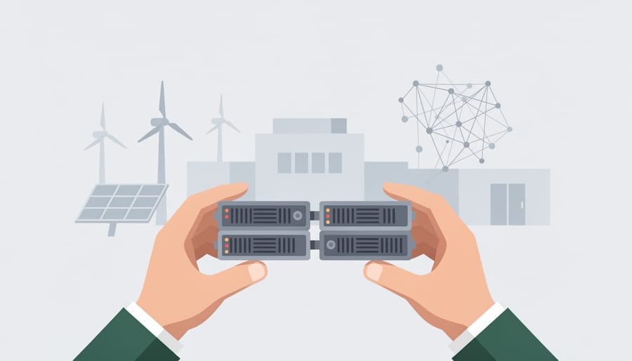 Hands holding a small battery energy storage module in front of blurred renewable infrastructure