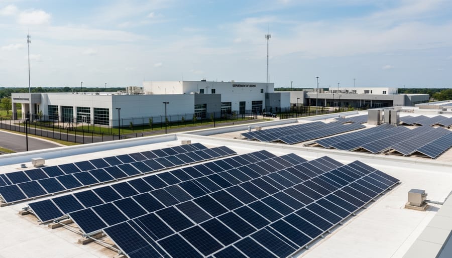 Rooftop solar panels installed on an industrial defense facility under an overcast sky