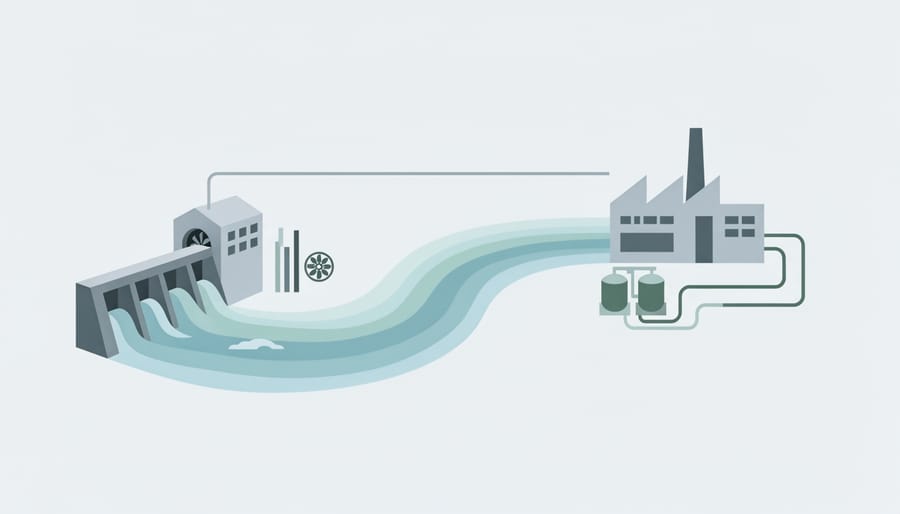 Small hydropower intake on a river with clear flowing water near a compact facility