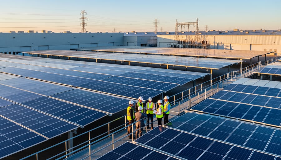Solar panels installed on an industrial rooftop with engineers observing the system