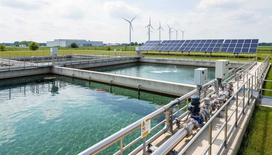 Wastewater treatment aeration basin with visible mechanical equipment under golden hour lighting