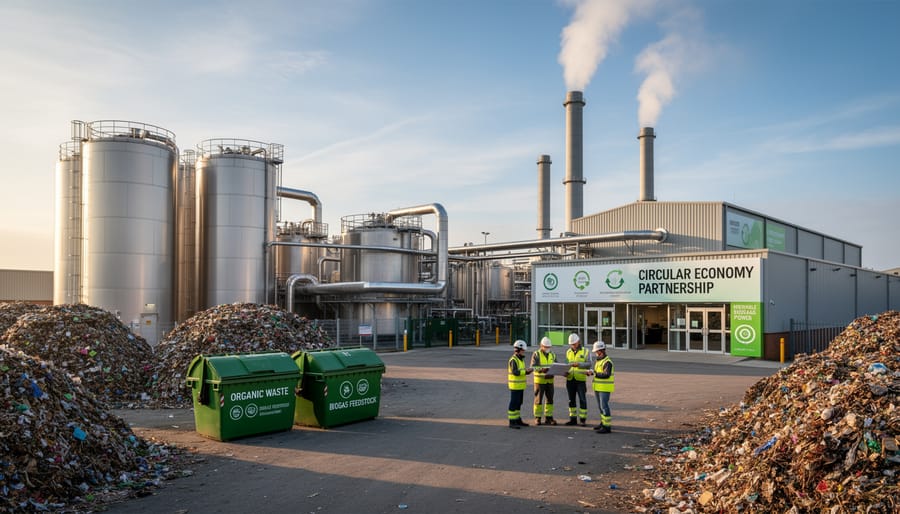 Wastewater treatment environment with biogas-related flare glow and organic sludge texture in the foreground
