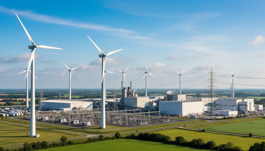 Wind turbines on open land with a distant industrial facility in the background