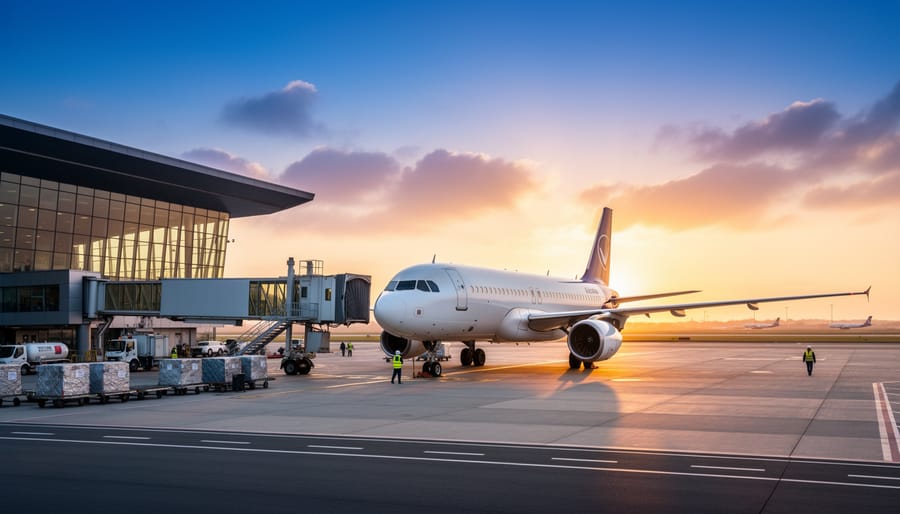 Passenger aircraft parked at an airport tarmac during sunrise.