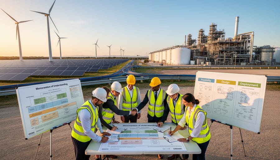 People in safety helmets walk near an industrial facility with visible wind turbines and solar installations in the background.