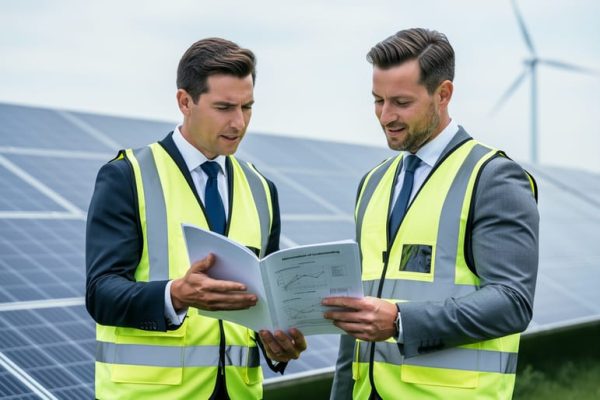 Two professionals in safety vests reviewing a renewable energy document near solar panels with a wind turbine in the background, illustrating a memorandum of understanding.