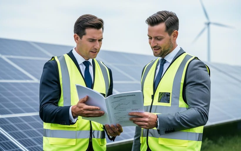 Two professionals in safety vests reviewing a renewable energy document near solar panels with a wind turbine in the background, illustrating a memorandum of understanding.