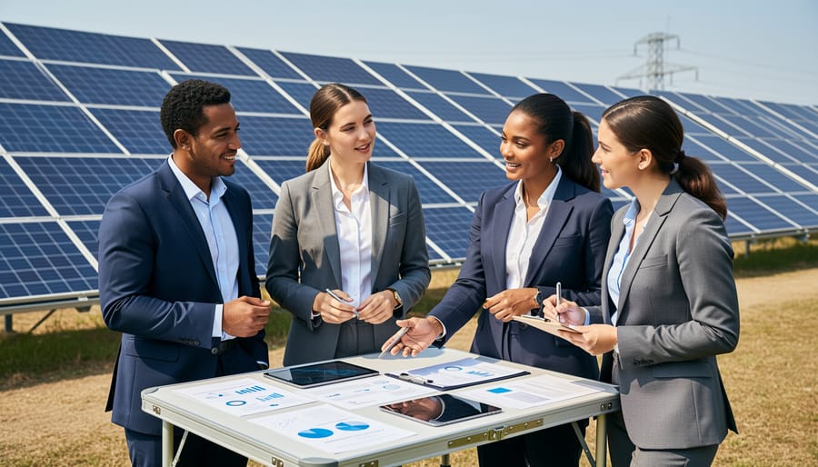 Business professionals reviewing renewable energy project documents beside rooftop solar panels.