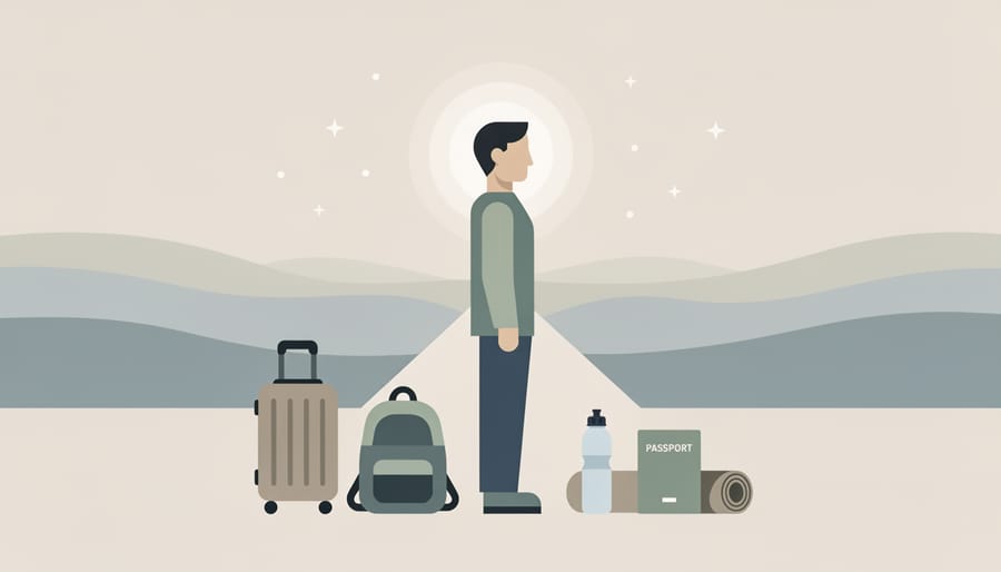 Traveller packing essential items in a daypack while preparing to depart for Umrah.