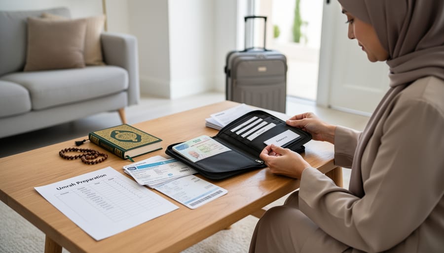 Close-up of a UK traveller holding a passport and travel documents ready for Umrah departure.