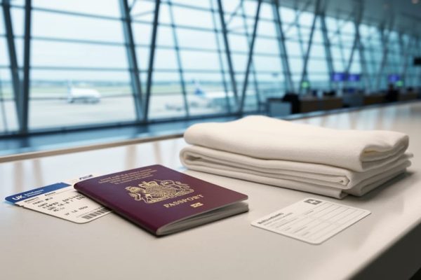 “UK traveler’s passport and folded ihram cloth prepared on an airport check-in counter by a window, with travel documents and medical items laid out.”