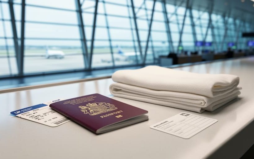 “UK traveler’s passport and folded ihram cloth prepared on an airport check-in counter by a window, with travel documents and medical items laid out.”