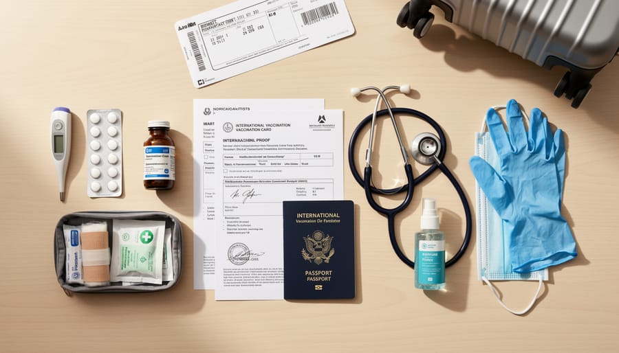 Hand holding a vaccination card next to a vial and syringe in a clinic setting.
