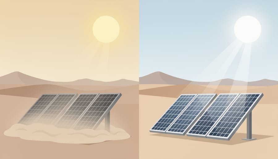 Close-up of dust on a solar panel surface showing impact of maintenance under warm sunlight