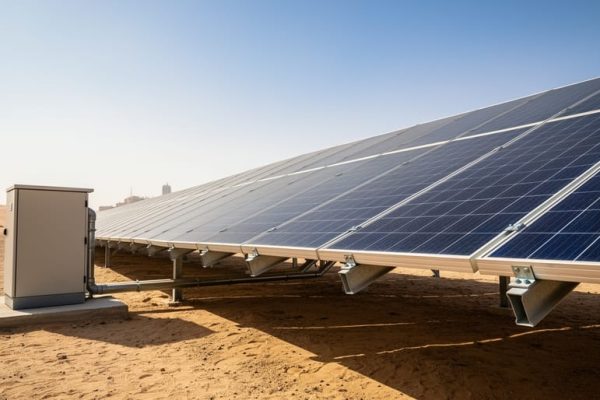 Ground-mounted solar photovoltaic panels in an Oman desert landscape under bright midday sunlight, with nearby inverter equipment and mounting structure visible.
