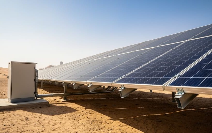 Ground-mounted solar photovoltaic panels in an Oman desert landscape under bright midday sunlight, with nearby inverter equipment and mounting structure visible.