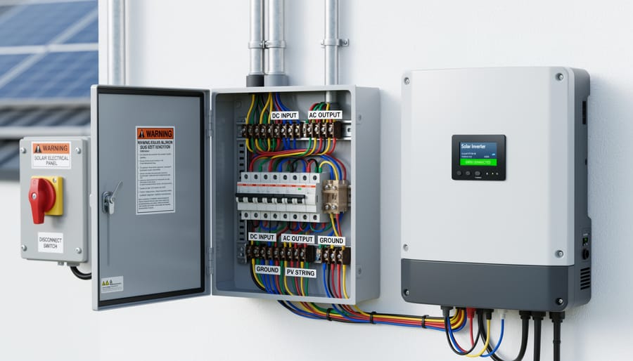 Inverter and electrical enclosure beside solar panels at an industrial site in Oman