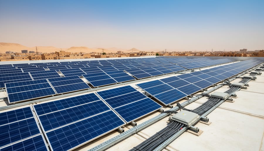 Rooftop solar PV panels installed on a commercial building in Oman under bright sunlight