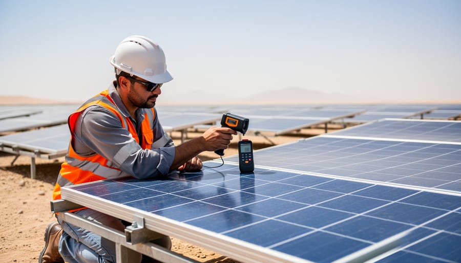 Solar technician using an infrared thermometer to check the temperature of a PV panel in Oman